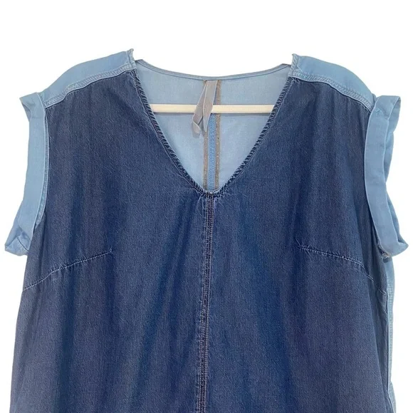 Melissa McCarthy Seven7 Colorblock Chambray Denim Shift Pocket Blue Dress Size S - Picture 2 of 8